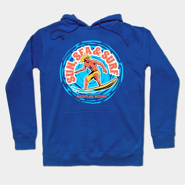 Vintage Sun, Sea & Surf Mazatlan, Mexico // Retro Surfing // Surfer Catching Waves Hoodie by Now Boarding